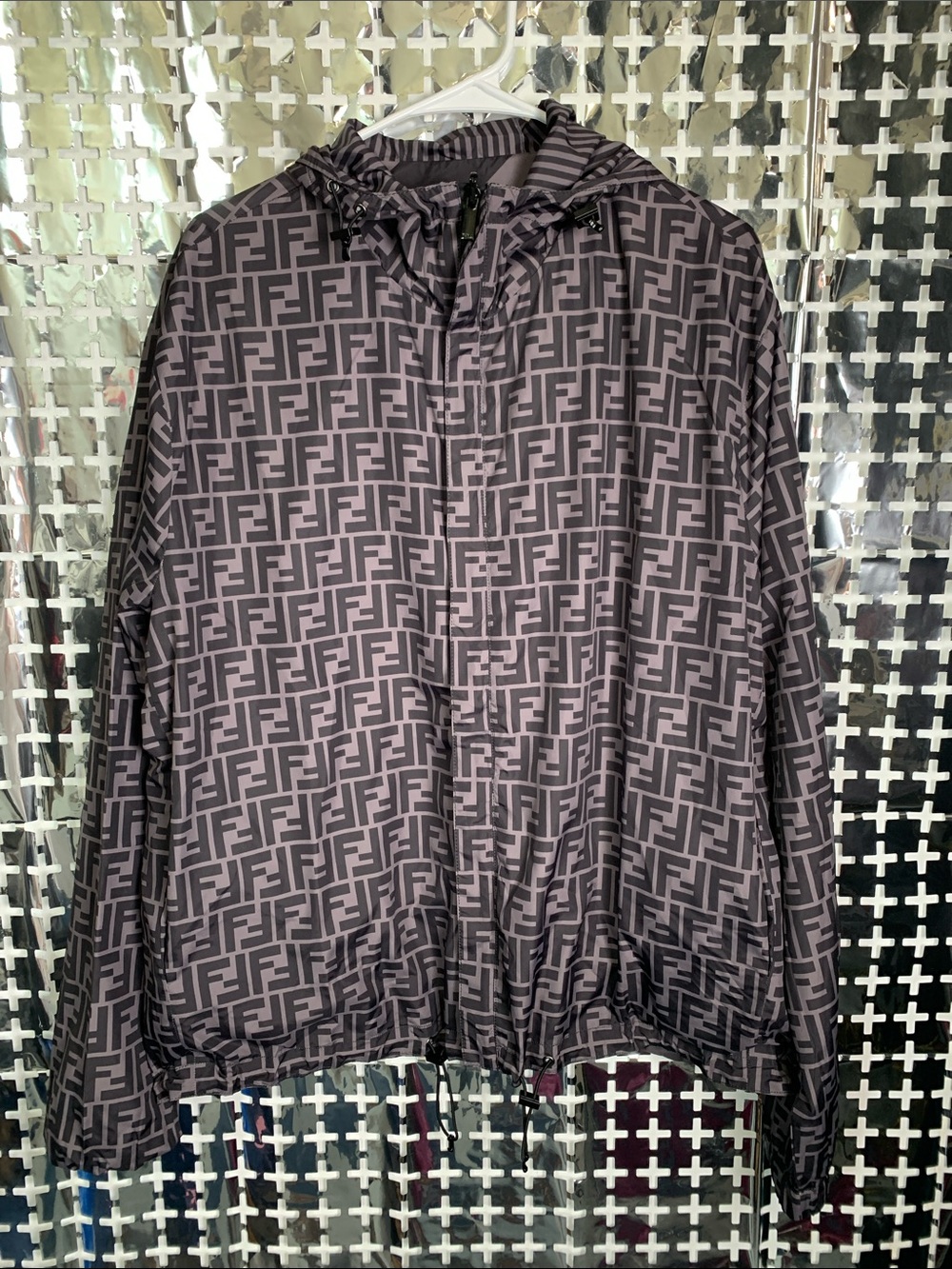 Fendi Black & Gray Reversible Diagonal Stripe Hooded Windbreaker